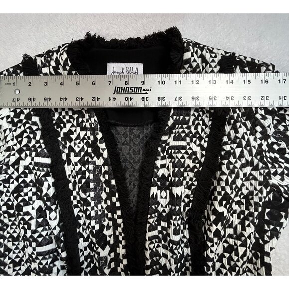 Joseph Ribkoff Womens Black White Geometric Fringe Blazer Jacket Size 12 Stretch - Picture 6 of 8